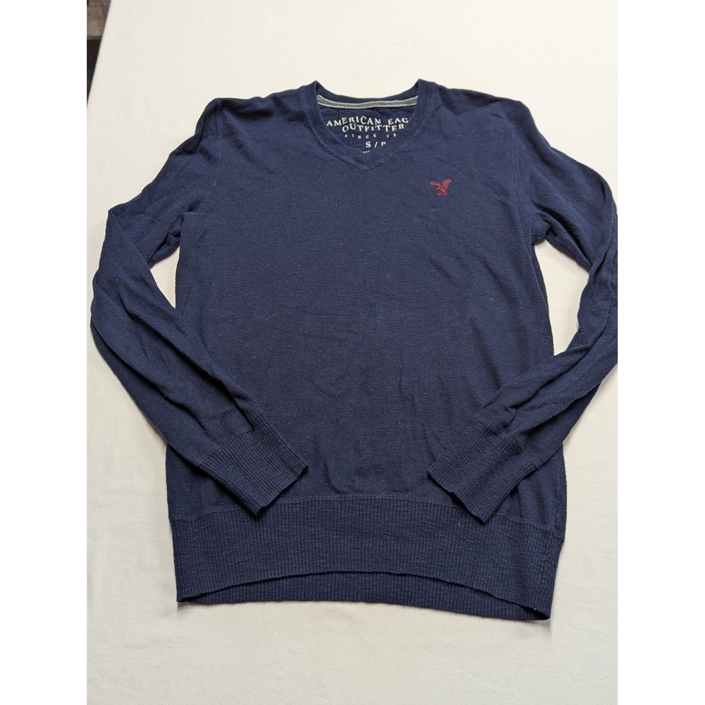 American Eagle Outfitters Mens Navy Blue V-Neck Eagle Logo Sweater Small